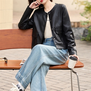 2025春秋季新款高级感质感长袖短款圆领pu皮衣夹克欧美时尚外套女图片