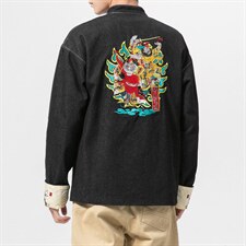 20秋冬大码唐装风牛仔夹克盘扣麒麟刺绣外套汉服JK17/P155,男装夹克,钱塘713