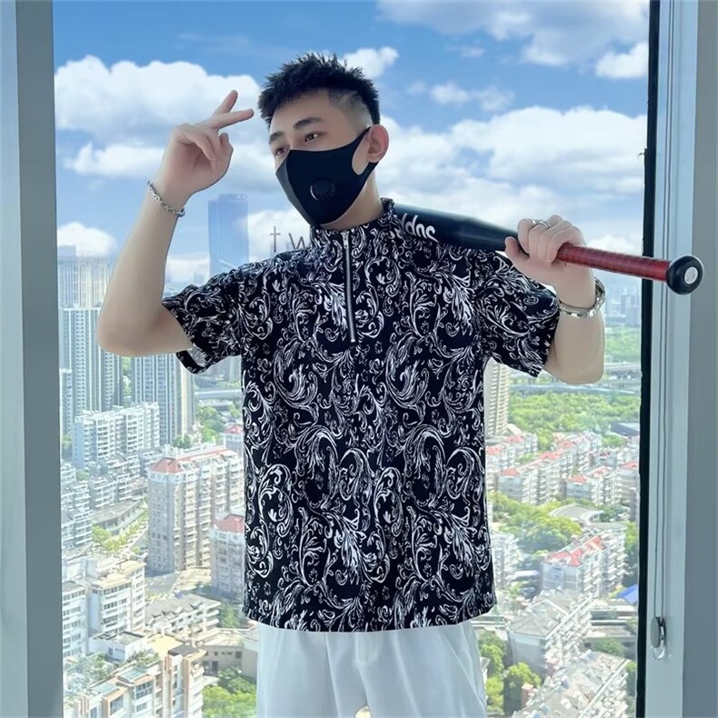 半高领男士短袖t恤痞帅高级感夏季帅气半拉链半袖polo衫T235,男装T恤,星座1116A-2（原606A-1）