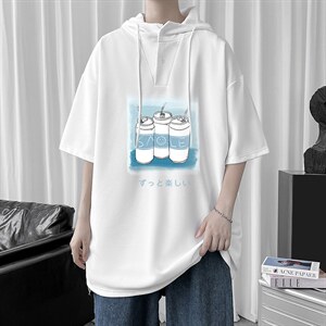 LD54148-P45 连帽短袖t恤男大码胖子带帽五分袖中袖图片