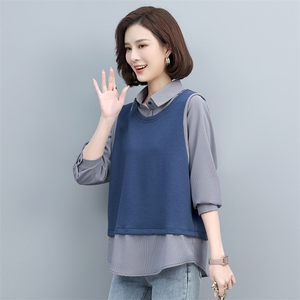 2022春新款女装假两件拼接卫衣 时尚百搭显瘦长袖上衣图片