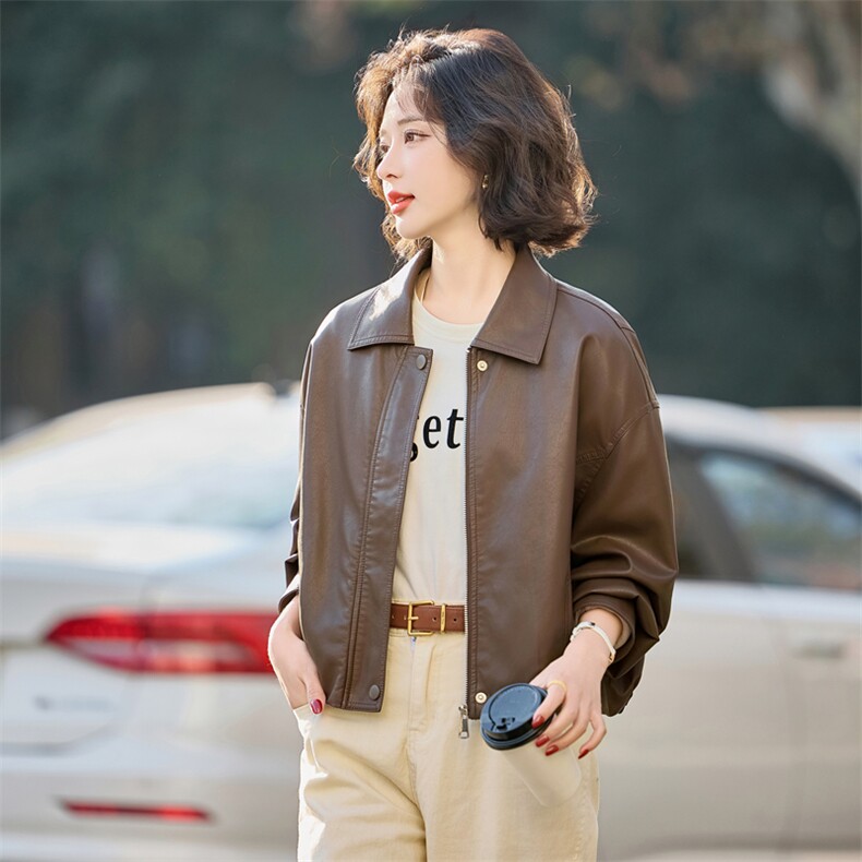 翻领短款皮衣外套女2025春秋新款宽松机车服休闲复古PU皮夹克上衣,女装皮衣,英标秀（1C119）