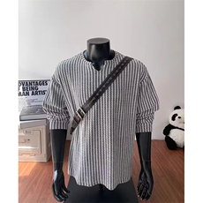 美式高街千鸟格子长袖T恤男女亨利V领英伦雅痞休闲宽松长袖打底衫，男装T恤，电商A486