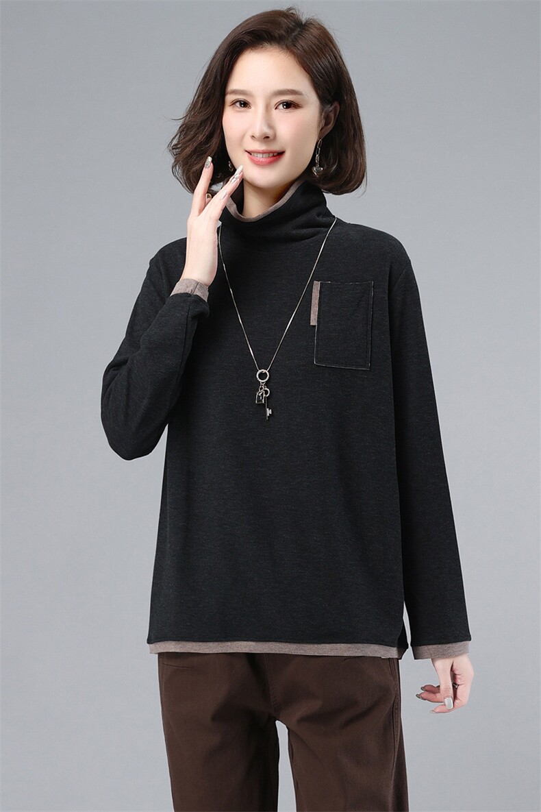 2021新款韩版高领拼色时尚休闲长袖宽松打底衫潮,女装大码女装,奕阳依阁