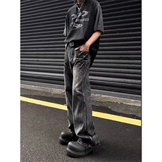 美式复古闪电纹牛仔裤男高街cleanfit微喇裤宽松潮牌直筒阔腿长裤，男装牛仔裤，星座813-3