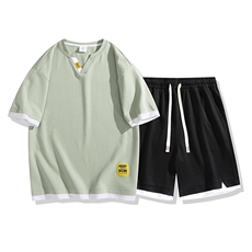 夏季运动套装日系白底休闲百搭时尚短套装CK2410+TC3153-P57控89，男装休闲套装，星座717
