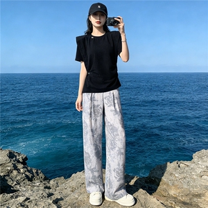 时尚简约套装女夏新款收腰显瘦圆领开叉不规则短袖印花长裤两件套图片