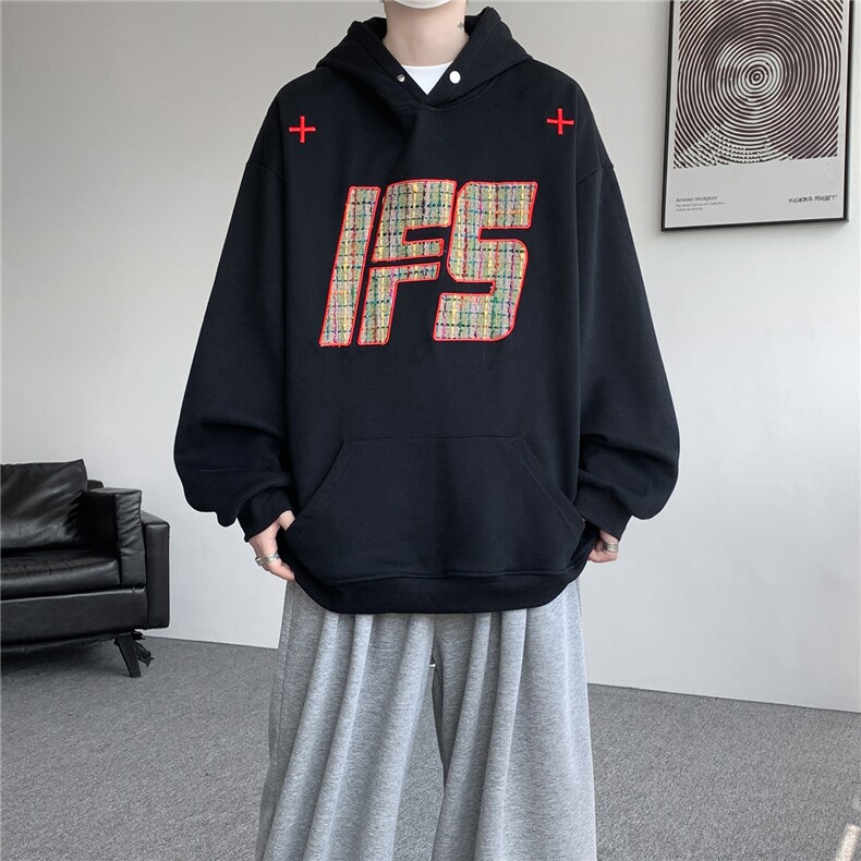 重磅贴布刺绣卫衣大码春秋连帽衫硬挺外套美式休闲上衣WY9108/P65图片