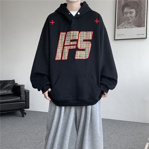 重磅贴布刺绣卫衣大码春秋连帽衫硬挺外套美式休闲上衣WY9108/P65图片
