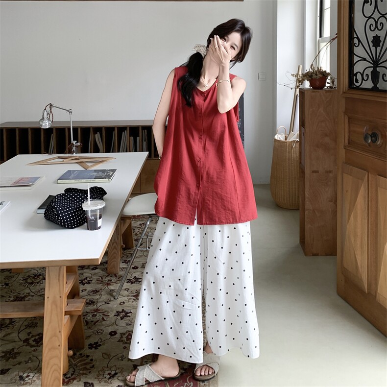 日系减龄单排扣马甲背心波点阔腿裤套装女2025夏新款小个子两件套,女装套装/套裙,2C131