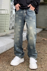 B230档2025秋冬新款宽松直筒字母印花男士牛仔长裤9098P100，男装休闲裤，电商B230
