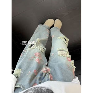 B221美式ins高街暗黑宽松直筒破洞牛仔裤LK25538-特P45控78