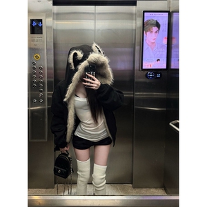 现货重磅硬挺boxy羽绒棉衣座山雕猫耳大毛毛领麂皮棉服冬外套