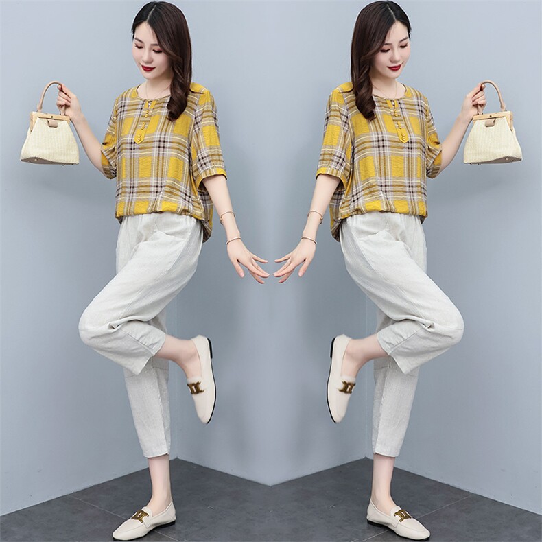 夏季大码宽松简约时尚气质减龄格子短袖上衣+休闲裤两件套装女,女装套装/套裙,妃曼