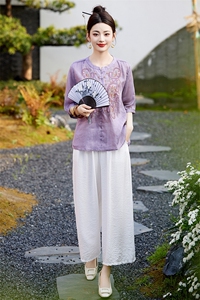 棉麻套装女绣花新款夏装搭配一整套中年妈妈阔腿裤装亚麻两件套图片