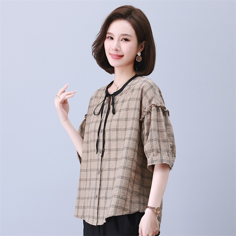 时尚格子宽松抽绳拼接短袖上衣显瘦百搭气质女装衬衫,女装衬衫,叶笙衣