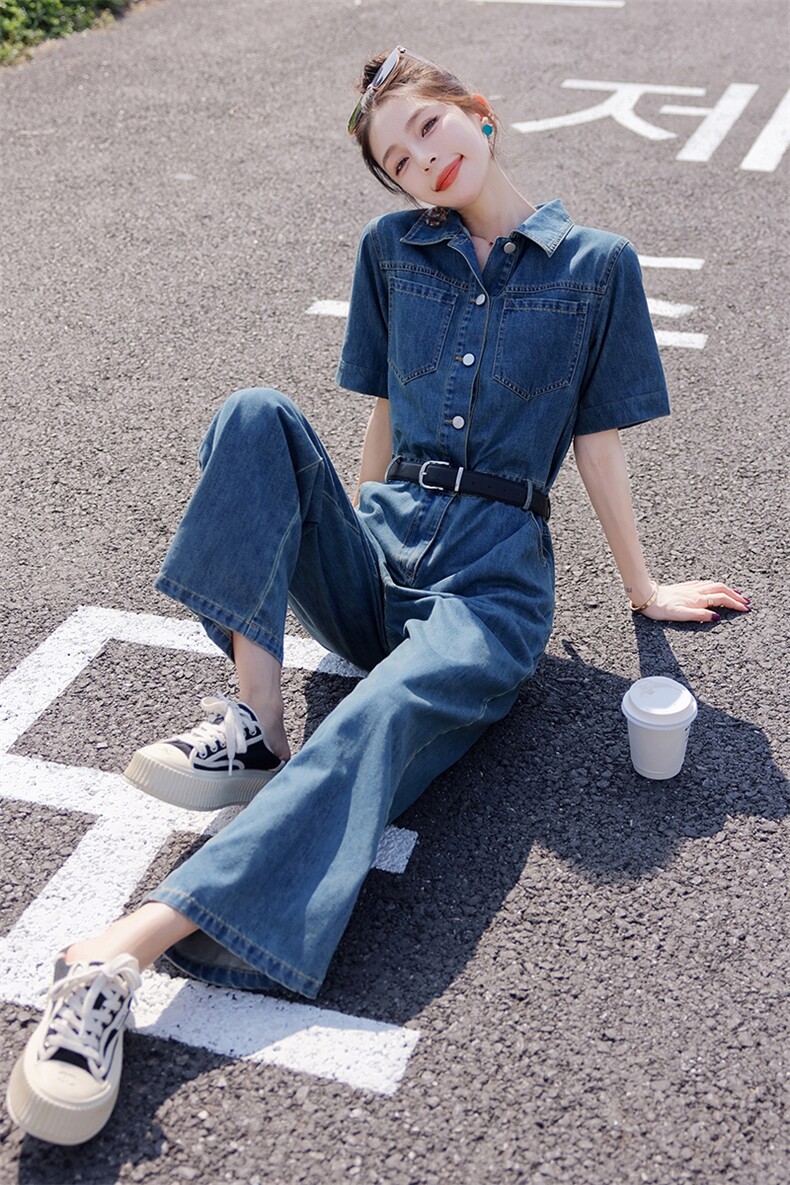 袖工装牛仔连体裤女2025夏季新款显高显瘦遮肉阔腿薄款连衣长裤,女装连体裤,新思路