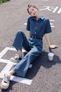 袖工装牛仔连体裤女2025夏季新款显高显瘦遮肉阔腿薄款连衣长裤图片