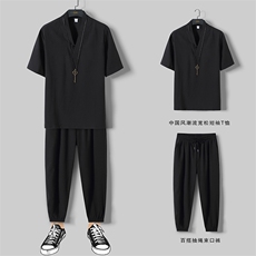 2023风盘扣短袖t恤九分裤冰丝套装男大码休闲套装TZ19P65，男装T恤，电商C323
