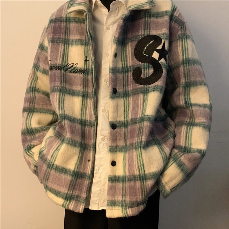 高级感小香风格子毛呢外套衬衫男女刺绣加厚冬季夹克棉服J8111,男装夹克,星座1116A-1（原606A）