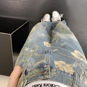 潮美式复古花卉印花牛仔裤男夏小众宽松垂感阔腿拖地裤 N7719图片