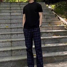 何以至此深蓝色格子长裤男款夏季薄款微喇弯刀裤子提档直筒休闲裤，男装休闲裤，星座1210-1