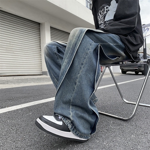 秋冬牛仔裤宽松直筒水洗复古潮流拼接长裤子N08855-P55图片