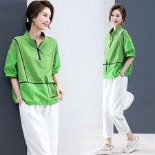 2022夏装新款立领半拉T恤宽松拼接上衣，女装套装/套裙，深水步