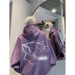 抖音品质秋季新款潮流闪电印花麂皮绒连帽卫衣wljp5001-特45控79图片