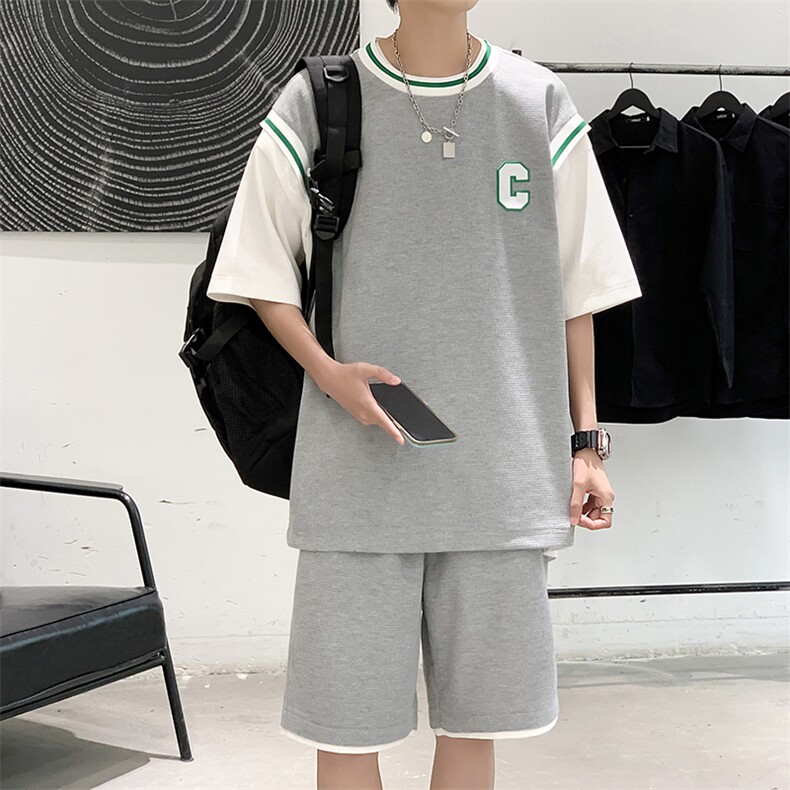 2025夏季华夫格套装男青少年两件套港风套装TZ227-P55,男装休闲套装,电商A062