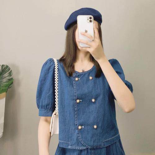 珍珠扣牛仔套裙，女装，媞默