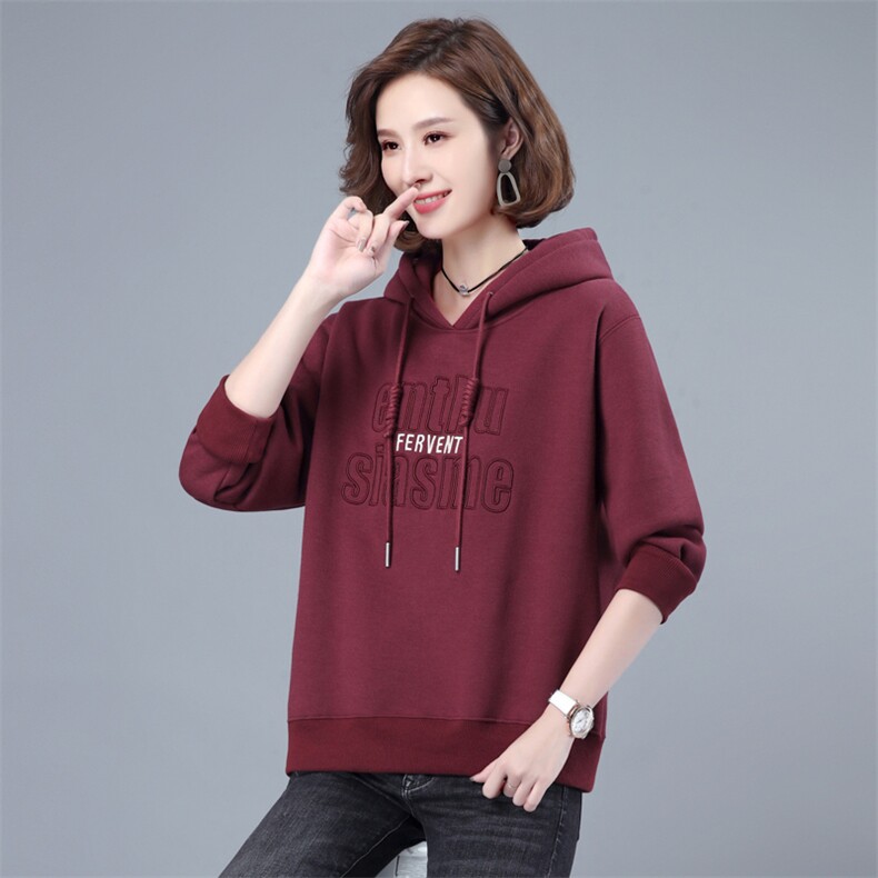 加绒连帽刺绣卫衣2021年冬季宽松连帽刺绣加绒加厚套头卫衣衫,女装卫衣/绒衫,简韵佳