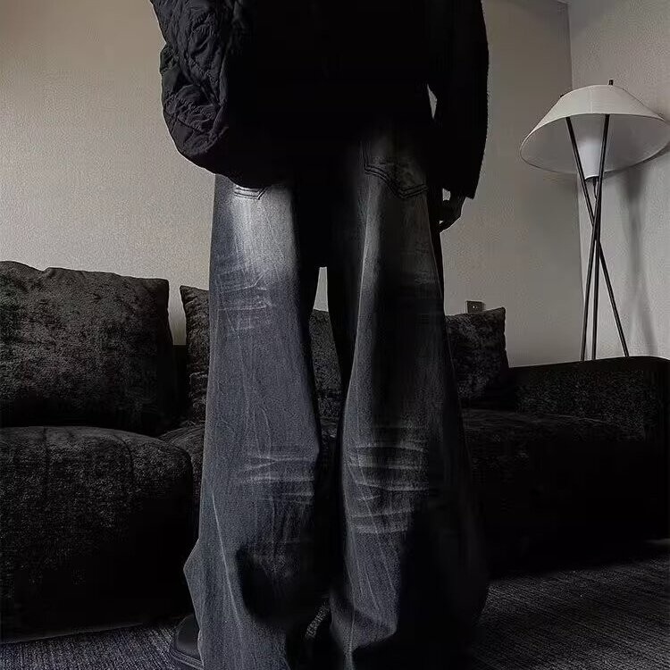 黑色美式高街水洗裂纹褶皱阔腿牛仔裤男女复古潮牌宽松直筒裤子,男装牛仔裤,星座506A