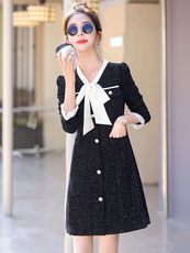 法式气质女春季长袖2025新款漂亮拼接收腰连衣裙显瘦，女装连衣裙，美静678