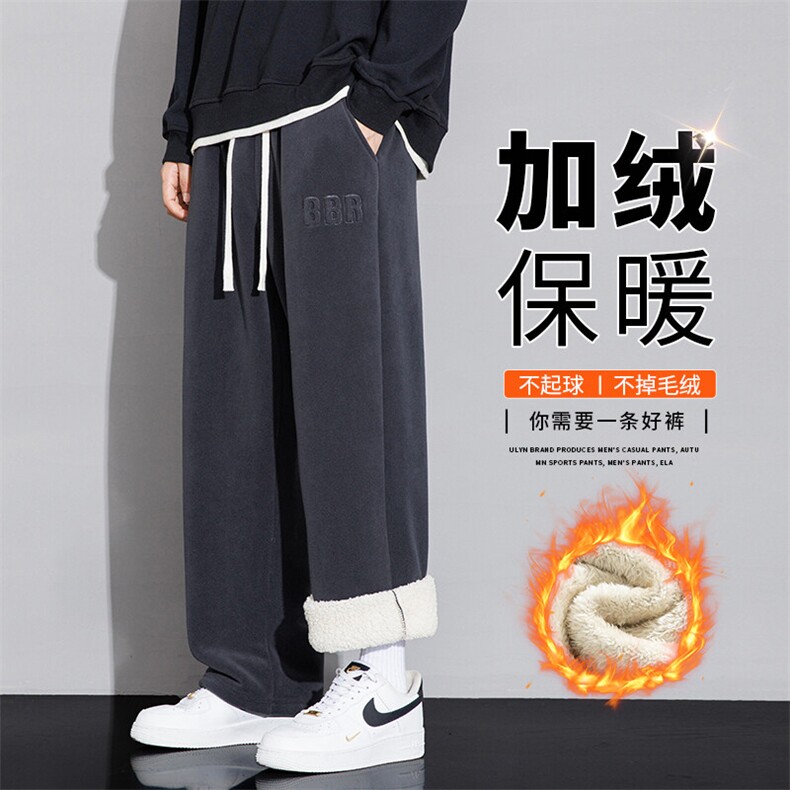 wassup happy羊羔绒裤子男冬季2025新款潮牌加绒加厚直筒休闲卫裤图片