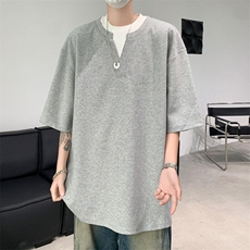 抖音得物高品质版本二开240克宽松纯棉美式高街痞帅假两件短袖T恤，男装T恤，电商A486-1