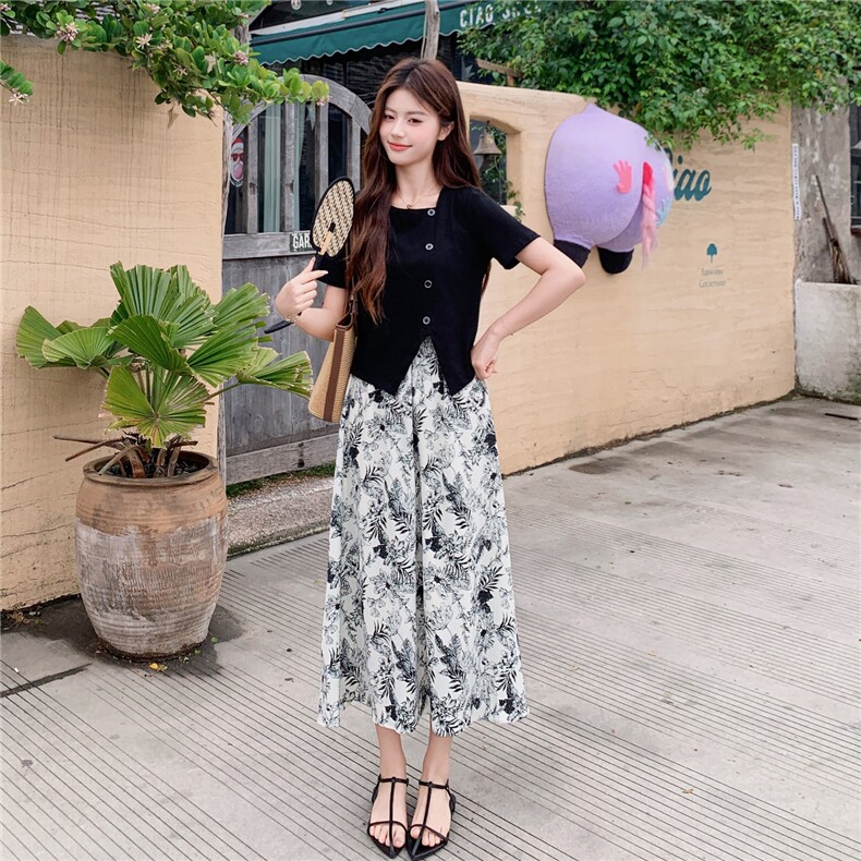 气质水墨印花套装女夏装不规则方领T恤短袖半身裙子两件套潮,女装套装/套裙,艾米莉亚