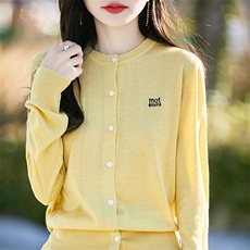 圆领刺绣字母精纺羊毛开衫女春秋新款百搭外套宽松毛衣打底衫上衣，女装针织衫/毛衣，佰米娇羊绒