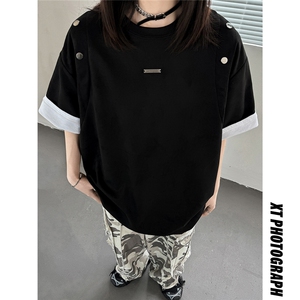 24夏季新款 设计感美式高街麂皮绒情侣短袖上衣男女中性 D244 P38图片