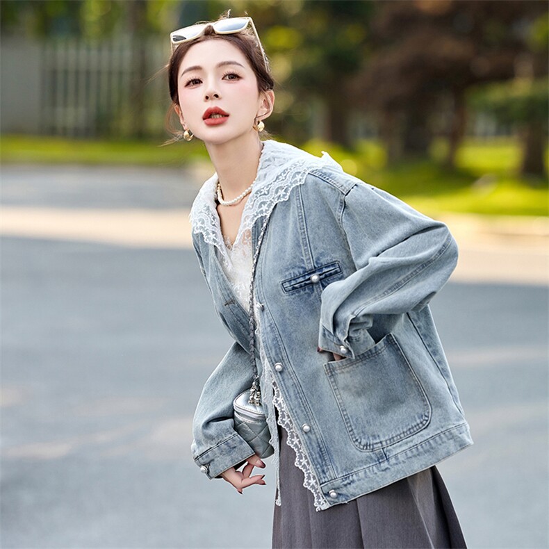蕾丝拼接连帽牛仔外套女2025早春新款韩版设计感宽松百搭爆款上衣,女装短外套,韩然一族