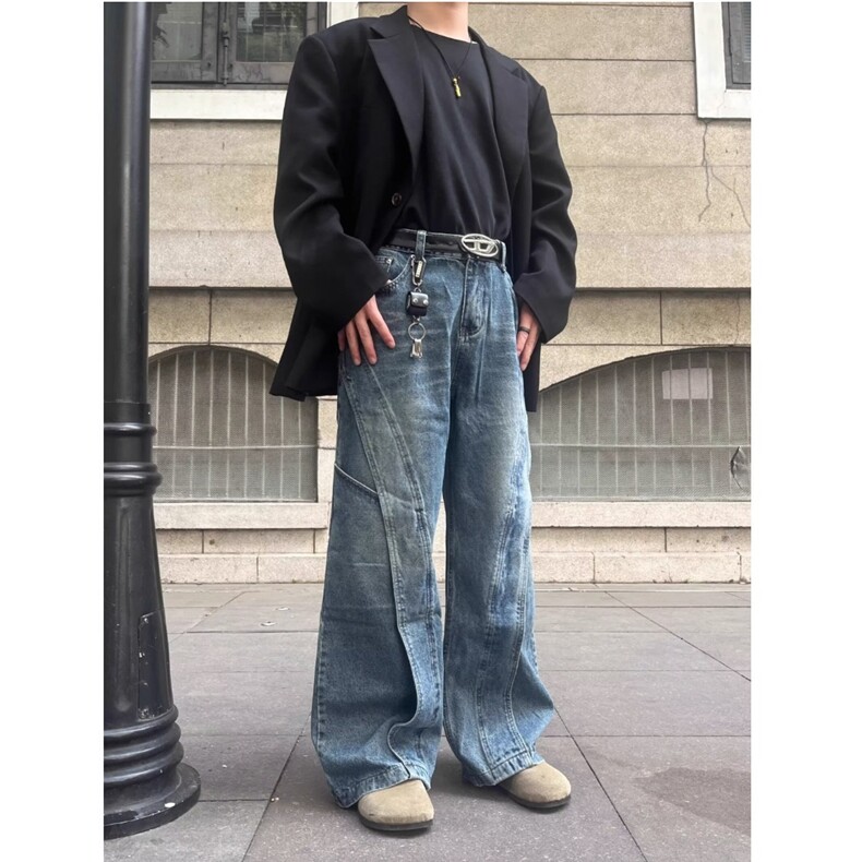 美式阔腿工装牛仔裤男宽松设计感2025新款拖地裤子NA6064-P60,男装牛仔裤,星座208-5