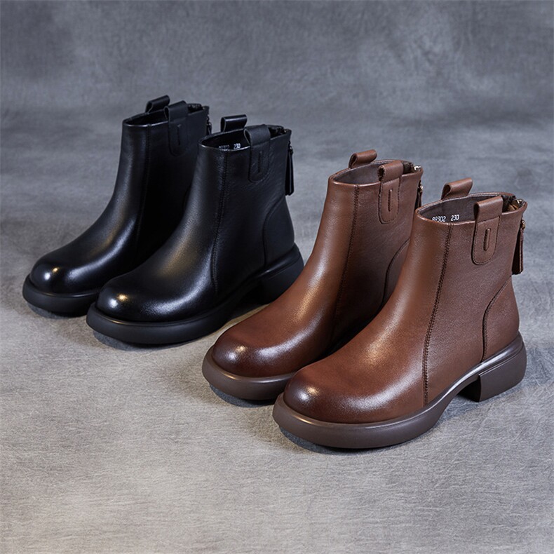 秋冬新款英伦风马丁靴女复古真皮软底拉链靴子牛皮切尔西靴，女鞋马丁靴，电商A223