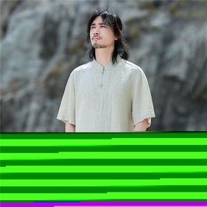 纯亚麻夏季薄款宽松短袖上衣风复古唐装盘扣衬衫男CS04图片