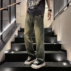 夏季破洞牛仔裤男款港风休闲长裤百搭宽松潮牌黄泥色直筒乞丐裤子，男装牛仔裤，星座601-2