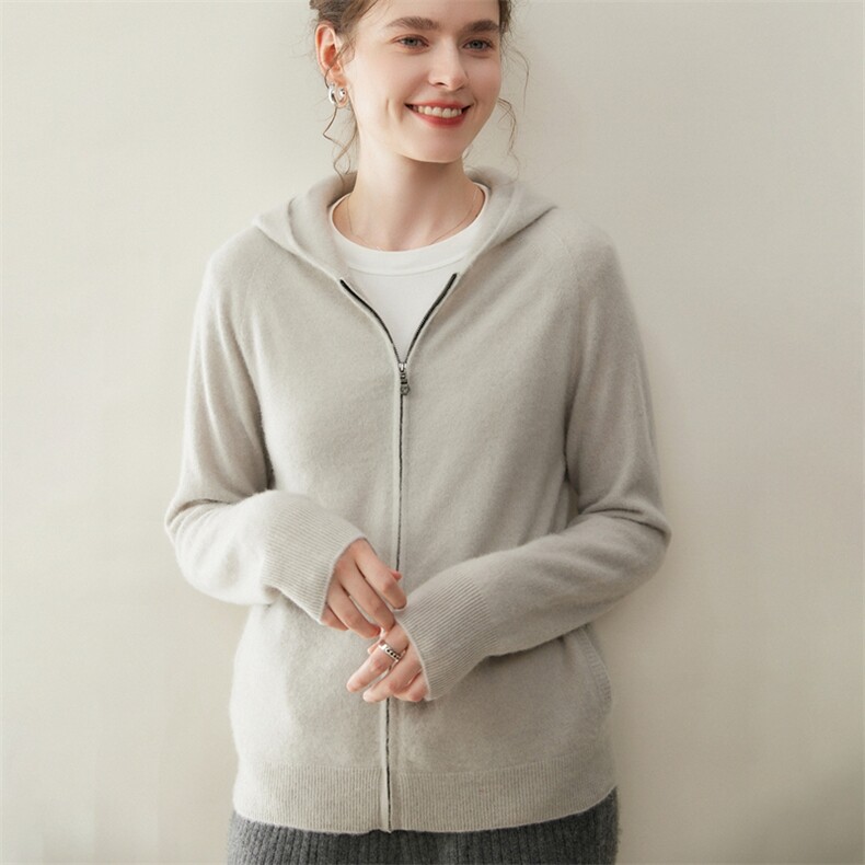 2025年秋季新款百搭女士一线lp拉链连帽开衫，女装羊绒衫，纳丰羊绒