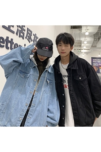 秋季得物假两件连帽牛仔夹克男外套帽子可拆卸JK733-P75图片