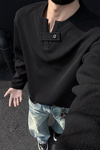 特批P35无差价春季美式高街V领纹理感宽松长袖T恤男中性上衣T5049图片