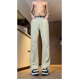现货 秋冬黄泥美式vibe裤高街黑色微喇直筒毛边牛仔裤男 K890-P55图片