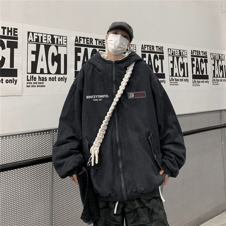羊羔绒棉服男冬季加厚美式高街水洗加绒牛仔外套潮牌连帽棉衣夹克,男装棉衣,电商B210