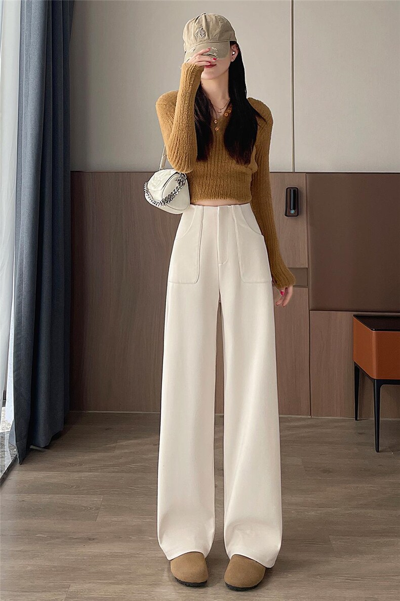 2024冬季加绒加厚毛呢阔腿裤小个子直筒拖地高腰休闲裤女,女装休闲裤,梦白服饰厂